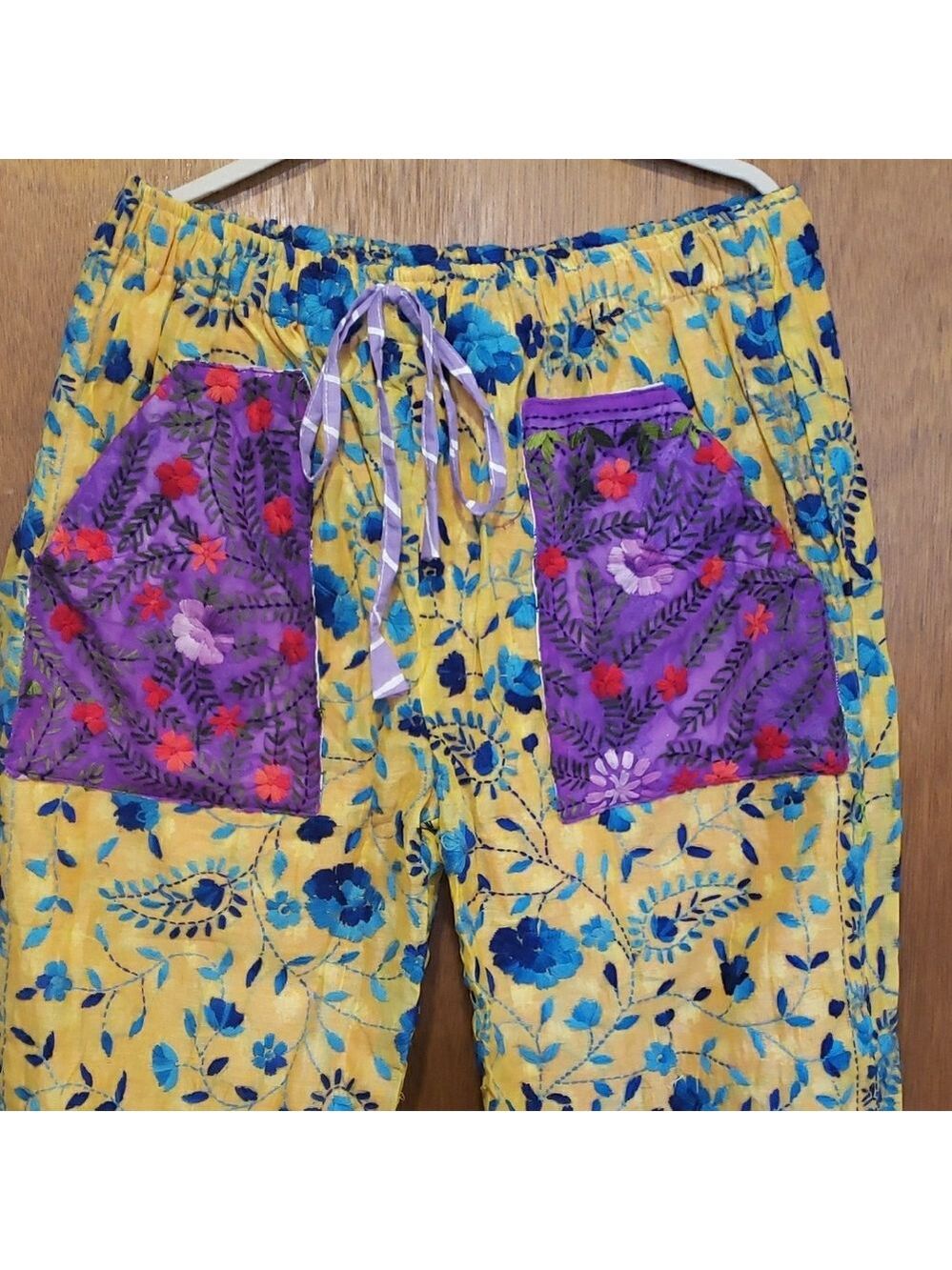 Artisan Made In India. Beautiful Phulkari Yellow & Blue Pant With Drawstring.